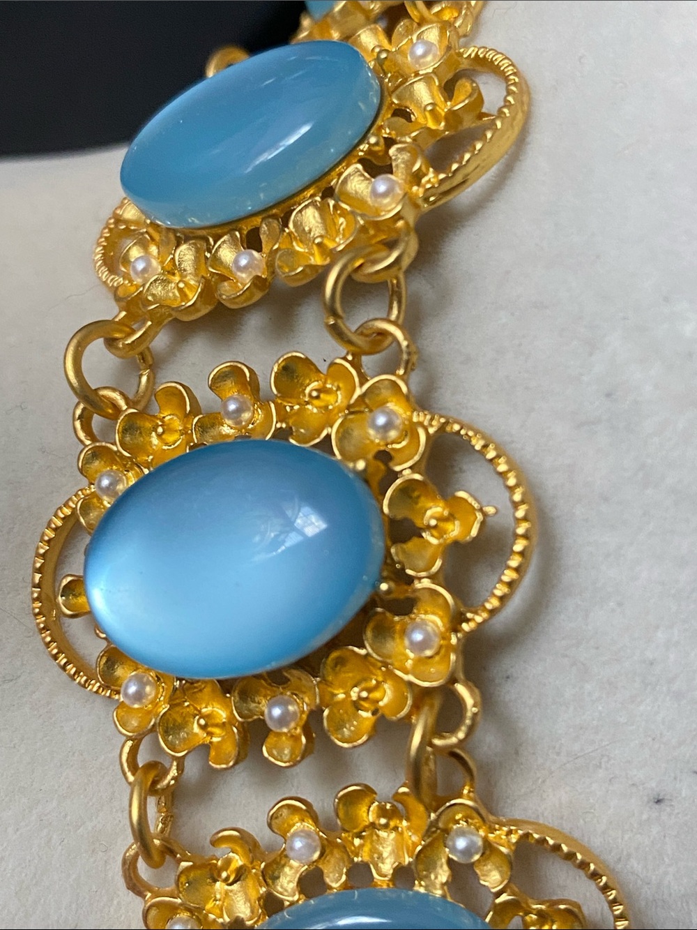 Matte Gold Blue Cabochon Statement Necklace with Faux Pearls - Picture 3 of 6